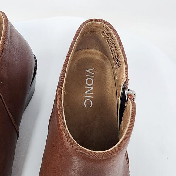 Vionic Jolene Bootie Women 6.5 Brown Leather Burnished Toe Side Zip Boots VS350 - Picture 4 of 11